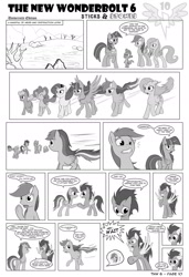 Size: 1600x2345 | Tagged: safe, artist:marmorexx, character:applejack, character:fleetfoot, character:fluttershy, character:high winds, character:pinkie pie, character:rainbow dash, character:rarity, character:soarin', character:spike, character:surprise, character:twilight sparkle, character:twilight sparkle (alicorn), species:alicorn, species:pony, comic:the new wonderbolt, bandage, mane six, monochrome