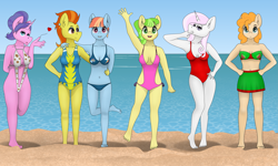 Size: 6667x4000 | Tagged: safe, artist:zeronitroman, character:chickadee, character:cookie crumbles, character:fleur-de-lis, character:ms. peachbottom, character:pear butter, character:stormy flare, character:windy whistles, species:anthro, armpits, beach, belly button, bikini, clothing, female, group, milf, ocean, pose, swimsuit