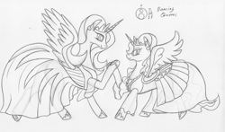 Size: 1000x586 | Tagged: safe, artist:sepiakeys, character:princess celestia, character:princess luna, species:alicorn, species:pony, alicorns only, clothing, dress, duo, duo female, female, queens, royal sisters, traditional art