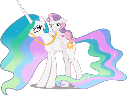 Size: 4334x3256 | Tagged: safe, artist:blackm3sh, artist:jerick, edit, editor:slayerbvc, character:princess celestia, character:sweetie belle, species:alicorn, species:pony, species:unicorn, accessory-less edit, barehoof, bridle, duo, ethereal mane, female, filly, looking back, mare, missing accessory, ponies riding ponies, pure unfiltered evil, reins, simple background, tack, this will end in tears and/or a journey to the moon, transparent background, vector, vector edit
