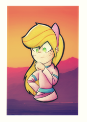 Size: 1490x2090 | Tagged: safe, artist:mustachedbain, character:applejack, species:human, newbie artist training grounds, atg 2018, border, clothing, fashion, female, freckles, humanized, solo