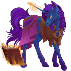 Size: 750x750 | Tagged: safe, artist:sitaart, oc, oc only, oc:frozen blaze, species:pony, species:unicorn, arcanist, blue fur, book, clothing, dungeons and dragons, fantasy class, female, magic, mare, orange eyes, pathfinder, pen and paper rpg, ponyfinder, purple hair, rpg, simple background, solo, tabletop gaming, transparent background