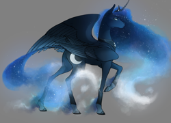 Size: 1024x736 | Tagged: safe, artist:bootsdotexe, character:princess luna, species:alicorn, species:pony, comic:beyond our borders, alternate universe, colored fetlocks, ethereal fetlocks, ethereal mane, female, four wings, galaxy mane, gray background, mare, multiple wings, raised hoof, realistic horse legs, semi-grimdark series, simple background, solo, suggestive series, unshorn fetlocks, wings