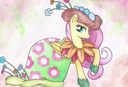 Size: 1003x687 | Tagged: safe, artist:astevenamedwolf, character:fluttershy, species:pony, episode:suited for success, g4, my little pony: friendship is magic, clothing, dress, female, solo, traditional art
