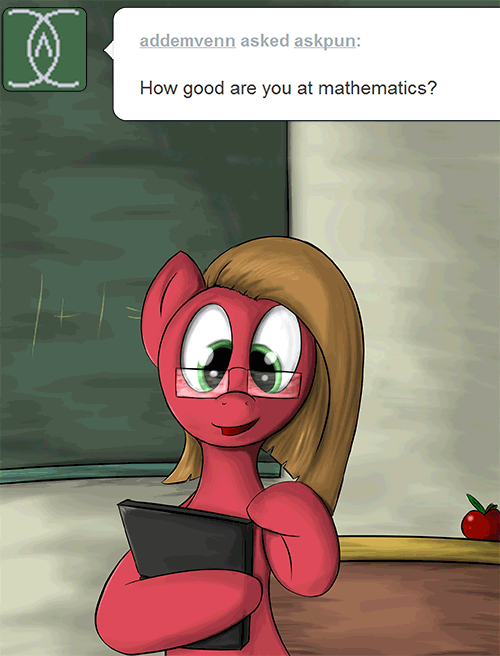 Size: 500x656 | Tagged: safe, artist:geneticanomaly, artist:wolfmedia, oc, oc only, oc:pun, species:earth pony, species:pony, ask pun, animated, ask, female, gif, glasses, mare, pun, solo