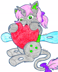 Size: 1679x2093 | Tagged: safe, artist:jamestkelley, oc, oc only, oc:oculus, cute, eating, green changeling, happy, heart, nom, pink hair, solo, traditional art