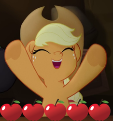 Size: 511x546 | Tagged: safe, artist:fureox, edit, edited screencap, screencap, character:applejack, species:earth pony, species:pony, my little pony: the movie (2017), adorable face, apple, applejack's hat, clothing, cowboy hat, cowgirl, cropped, cute, eyes closed, female, food, happlejack, happy, hat, jackabetes, mare, smiley face, smiling, solo, that pony sure does love apples