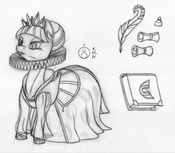 Size: 1000x876 | Tagged: safe, artist:sepiakeys, character:twilight sparkle, species:alicorn, species:pony, book, clothing, crown, dress, female, grayscale, jewelry, mare, monochrome, quill, regalia, ruff (clothing), scroll, solo, traditional art