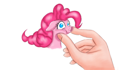 Size: 1024x576 | Tagged: safe, artist:rurihal, character:pinkie pie, species:earth pony, species:human, species:pony, cute, diapinkes, female, floppy ears, hand, looking at you, mare, micro, simple background, smiling, smol, solo focus, squish, squishy cheeks, tiny, tiny ponies, white background, wide eyes