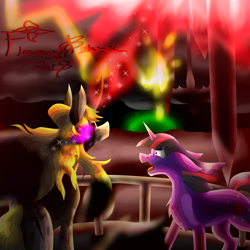 Size: 5800x5800 | Tagged: safe, artist:florarena-kitasatina/dragonborne fox, character:twilight sparkle, species:pony, species:umbrum, absurd resolution, balcony, crossover, curved horn, dat mane tho, dramatic lighting, epic battle fantasy, floppy ears, flowing mane, horrified, how even, lightning, limit break, matt (epic battle fantasy), mottled coat, ow the edge, ponified, ragnarok, red eyes take warning, red sky, redraw, shield, signature, slit pupils, socks (coat marking), sombra eyes, spear, spell, sword, the braids have come undone, this will end in one ruined landscape, this will end in property damage, watermark, weapon, weapons of improbable size, why would you do that, wide eyes