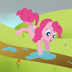Size: 1280x1280 | Tagged: safe, artist:nitei, character:pinkie pie, species:earth pony, species:pony, cloud, dirt path, female, flower, grass, jumping, open mouth, path, playing, puddle, smiling, solo, splash, stormcloud