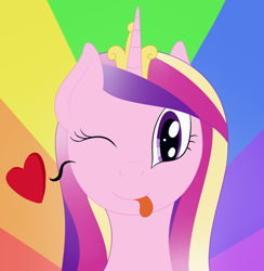 Size: 950x975 | Tagged: safe, artist:nitei, character:princess cadance, species:alicorn, species:pony, bust, crown, female, floating heart, heart, jewelry, looking at you, one eye closed, portrait, rainbow background, regalia, smiling, solo, tongue out, wink, winking at you