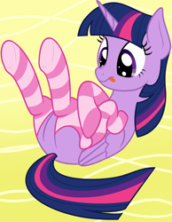 Size: 1550x2000 | Tagged: safe, artist:nitei, character:twilight sparkle, character:twilight sparkle (alicorn), species:alicorn, species:pony, abstract background, clothing, cute, dressing, female, on back, show accurate, socks, solo, striped socks, tongue out, underhoof