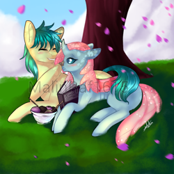 Size: 768x768 | Tagged: safe, artist:malinraf1615, character:ocellus, character:sandbar, species:changeling, species:earth pony, species:pony, species:reformed changeling, ship:ocelbar, blushing, boop, female, flower petals, food, ice cream, interspecies, male, obtrusive watermark, older, shipping, signature, straight, watermark