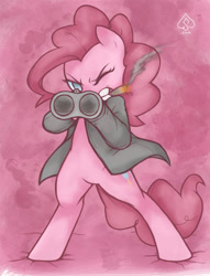 Size: 603x788 | Tagged: safe, artist:soulspade, character:pinkie pie, species:earth pony, species:pony, bipedal, cigar, female, gangsta, gritted teeth, gun, mare, one eye closed, shotgun, smoking, solo, weapon