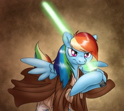 Size: 1342x1200 | Tagged: safe, artist:conicer, character:rainbow dash, species:pegasus, species:pony, g4, clothing, crossover, female, jedi, lightsaber, mare, robe, solo, star wars