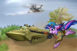 Size: 3000x2000 | Tagged: safe, artist:lakunae, character:twilight sparkle, character:twilight sparkle (unicorn), species:pony, species:unicorn, bmp, bmp 1, clothing, helicopter, high res, mi-24, rpk, soviet, soviet union, uniform, vdv, war, weapon, west 81