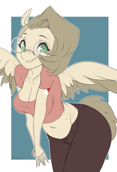 Size: 916x1338 | Tagged: safe, artist:moxaji, oc, species:anthro, species:pegasus, species:pony, adorasexy, arm boob squeeze, belly, belly button, body freckles, breasts, chest freckles, cleavage, clothing, curvy, cute, female, freckles, glasses, hip freckles, meganekko, midriff, ocbetes, sexy, short shirt, solo, wide hips, wing freckles