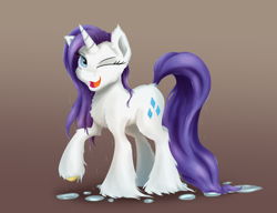 Size: 3000x2300 | Tagged: safe, artist:coldtrail, character:rarity, species:pony, species:unicorn, brown background, female, mare, one eye closed, raised hoof, simple background, solo, unshorn fetlocks, wet, wet mane, wet mane rarity, wink