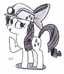 Size: 2360x2710 | Tagged: safe, artist:drchrisman, character:rarity, species:pony, species:unicorn, bow, clothing, female, flashlight (object), grayscale, hat, helmet, looking back, mare, mining helmet, monochrome, signature, solo, traditional art