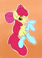 Size: 2000x2750 | Tagged: safe, artist:litrojia, character:apple bloom, species:earth pony, species:pony, adorabloom, blep, bow, clothing, cute, female, filly, gradient background, one eye closed, socks, solo, tongue out, wink