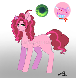 Size: 834x850 | Tagged: safe, artist:malinraf1615, oc, oc:bright pastel pie, parent:cheese sandwich, parent:pinkie pie, parents:cheesepie, species:earth pony, species:pony, female, gradient background, mare, offspring, reference sheet, signature, solo, watermark