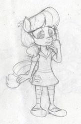 Size: 700x1072 | Tagged: safe, artist:dertikleen, character:lily longsocks, species:anthro, clothing, cutie mark on clothes, dress, mary janes, monochrome, pencil drawing, socks, solo, traditional art
