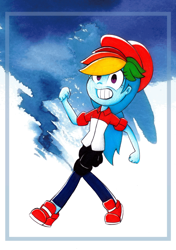 Size: 2870x4088 | Tagged: safe, artist:mustachedbain, character:rainbow dash, my little pony:equestria girls, clothing, female, grin, hat, haters gonna hate, meme, pants, shirt, shoes, smiling, solo