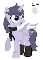 Size: 1113x1537 | Tagged: safe, artist:macadoptables, artist:meimisuki, base used, oc, oc only, oc:nightfall blitz, parent:mean twilight sparkle, parent:oc:moonshine twinkle, parents:canon x oc, species:alicorn, species:pony, icey-verse, alicorn oc, artificial wings, augmented, clothing, ear piercing, earring, eyeshadow, female, jewelry, magic, magic wings, magical lesbian spawn, makeup, mare, mascara, next generation, offspring, parents:meanshine, piercing, scarf, simple background, socks, solo, striped socks, tape, white background, wings