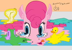 Size: 1000x696 | Tagged: safe, artist:sepiakeys, character:gummy, character:pinkie pie, species:pony, bathing, bathtub, clock, female, fine art parody, melting, partially submerged, pinkie being pinkie, pruny, refraction, rubber duck, salvador dalí, solo, the persistence of memory, water, wet mane