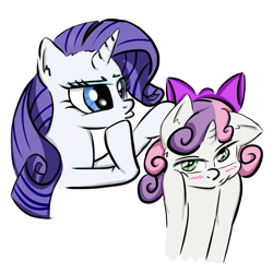 Size: 900x901 | Tagged: safe, artist:rurihal, character:rarity, character:sweetie belle, species:pony, species:unicorn, blushing, cute, diasweetes, duo, ear fluff, female, simple background, sisters, white background