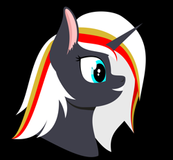 Size: 4468x4135 | Tagged: safe, artist:alltimemine, oc, oc only, oc:velvet remedy, species:pony, species:unicorn, fallout equestria, absurd resolution, black background, bust, ear fluff, fanfic, fanfic art, female, horn, lineless, mare, portrait, profile, simple background, smiling, solo, teeth, vector