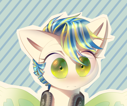 Size: 3000x2525 | Tagged: safe, artist:klooda, oc, species:pony, blushing, bust, commission, fringe, green eyes, headphones, highlights, lashes, line, lineart, open eyes, portrait, puzzled, solo, stripes, surprised, wings, ych result