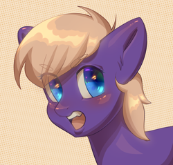 Size: 2000x1911 | Tagged: safe, artist:klooda, oc, species:pony, blue eyes, blushing, bust, dots, highlights, male, open mouth, portrait, solo, stallion, yellow mane