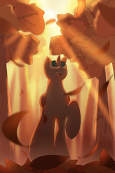 Size: 2000x3000 | Tagged: safe, artist:klooda, species:pony, any race, autumn, commission, falling leaves, forest, leaves, open, solo, sun ray, tree, ych example, your character here