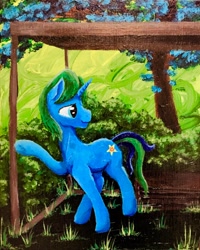 Size: 1024x1282 | Tagged: safe, artist:colorsceempainting, oc, oc:arcane gear, species:pony, species:unicorn, bus stop, canvas, grass, male, painting, solo, traditional art, tree