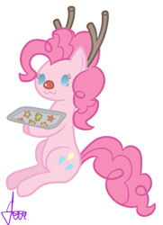 Size: 547x757 | Tagged: safe, artist:sandra626, character:pinkie pie, species:earth pony, species:pony, species:reindeer, :3, beady eyes, christmas, cookie, cute, diapinkes, female, horn, red nose, rudolph the red nosed reindeer, simple background, sitting, solo, transparent background, tray