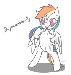 Size: 1412x1476 | Tagged: safe, artist:camo-pony, character:rainbow dash, species:pegasus, species:pony, bipedal, dialogue, doodle, earth wind & fire, female, hoof hold, mare, microphone, no pupils, september, september (song), signature, simple background, solo, song reference, white background