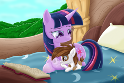Size: 3205x2160 | Tagged: safe, artist:lifesharbinger, character:pipsqueak, character:twilight sparkle, species:earth pony, species:pony, species:unicorn, bed, book, colt, cute, female, golden oaks library, hooficure, male, mare, pillow, prone, reflection, shiny, twipip