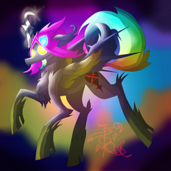 Size: 5800x5800 | Tagged: safe, artist:florarena-kitasatina/dragonborne fox, species:alicorn, species:pony, absurd resolution, bushy tail, cel shading, clothing, colored wings, crooked horn, crossover, dat tail tho, emblem heartless, glowing eyes, glowing eyes of doom, gradient background, gradient mouth, hat, heartless, kingdom hearts, ponified, redraw, signature, simple background, trippy, wat, watermark