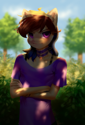 Size: 2000x2949 | Tagged: safe, artist:klooda, oc, oc only, oc:agap, species:anthro, angry, anthro oc, blurred background, blushing, bush, day, femboy, forest, frown, halfbody, male, soft shading, solo, tsundere