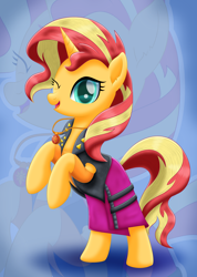 Size: 2160x3037 | Tagged: safe, artist:lifesharbinger, character:sunset shimmer, species:pony, species:unicorn, g4, my little pony: equestria girls, my little pony:equestria girls, clothing, cute, equestria girls outfit, female, geode of empathy, jacket, leather, leather jacket, mare, one eye closed, rearing, shimmerbetes, skirt, solo, sunset shimmer day, wink, zoom layer