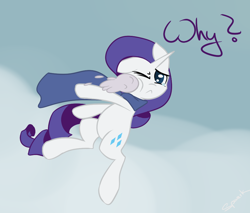 Size: 940x801 | Tagged: dead source, safe, artist:spaerk, character:rarity, species:pony, species:unicorn, clothing, crying, dialogue, female, mare, scarf, snow, snowball, solo, tears of pain, teary eyes
