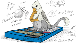 Size: 2154x1234 | Tagged: safe, artist:tinibirb, artist:xeirla, oc, oc only, oc:der, species:griffon, calculator, colored, equation, male, math, micro, sketch, solo