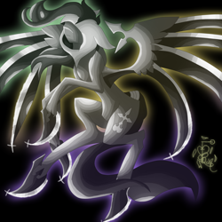 Size: 5800x5800 | Tagged: safe, artist:florarena-kitasatina/dragonborne fox, species:pegasus, species:pony, absurd resolution, aura, black background, bladed shoes, bladed wings, cel shading, clothing, crossover, dat tail tho, emaciated, floppy ears, hidden eyes, hood, horseshoes, kingdom hearts, misshapen shoes, nobody, signature, simple background, solo, tail wrap, watermark