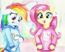 Size: 1024x824 | Tagged: safe, artist:astevenamedwolf, character:fluttershy, character:rainbow dash, species:pegasus, species:pony, species:rabbit, asdfmovie, clothing, color porn, cute, duo, female, mare, mine turtle, semi-anthro, sweater, traditional art, turtle, window