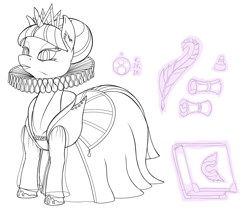 Size: 1000x853 | Tagged: safe, artist:sepiakeys, character:twilight sparkle, alternate hairstyle, clothing, crown, dress, female, jewelry, regalia, ruff (clothing), simple background, sketch, solo