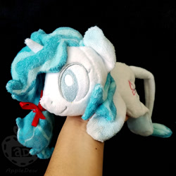 Size: 1000x1000 | Tagged: safe, artist:appledew, oc, oc only, oc:azure, species:pony, species:unicorn, beanie (plushie), female, gradient ears, gradient hooves, hand, horn, irl, leonine tail, mare, photo, plushie, prone, solo