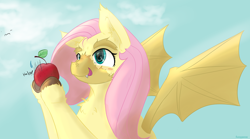 Size: 1500x835 | Tagged: safe, artist:fuzzypones, character:flutterbat, character:fluttershy, species:bat pony, apple, eyebrows, female, food, halp, licking, licking lips, race swap, solo, sweat, sweatdrop, tongue out, unshorn fetlocks