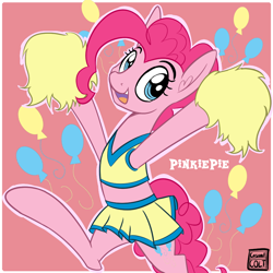 Size: 900x900 | Tagged: safe, artist:casualcolt, character:pinkie pie, species:earth pony, species:pony, cheerleader, cheerleader pinkie, clothing, cute, diapinkes, female, mare, midriff, pom pom, skirt, smiling, solo